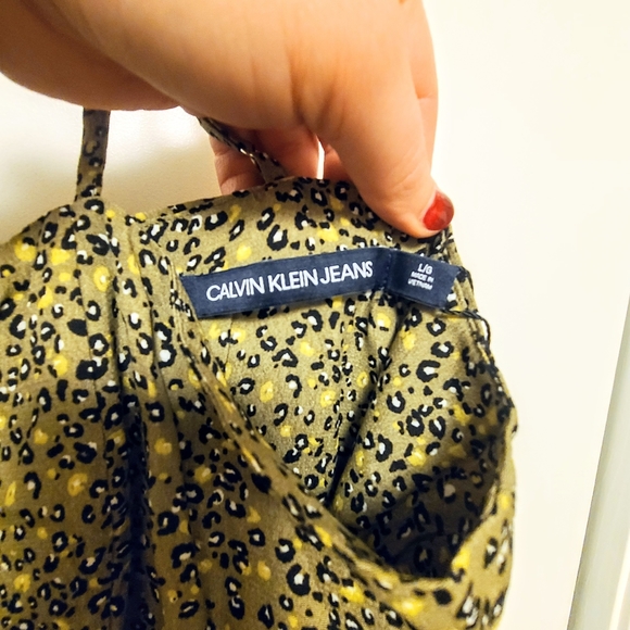 Calvin Klein Green Leopard Print Adjustable Spaghetti Strap A-line Mini Dress - Picture 8 of 9
